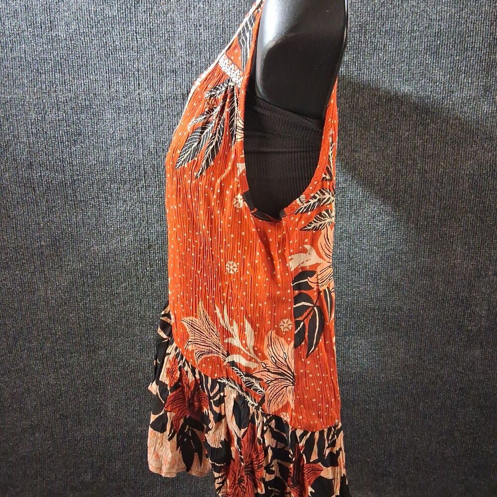 Patrons of Peace S Orange Boho Floral Embroidered V-Neck Peplum Sleeveless Top - Picture 6 of 7